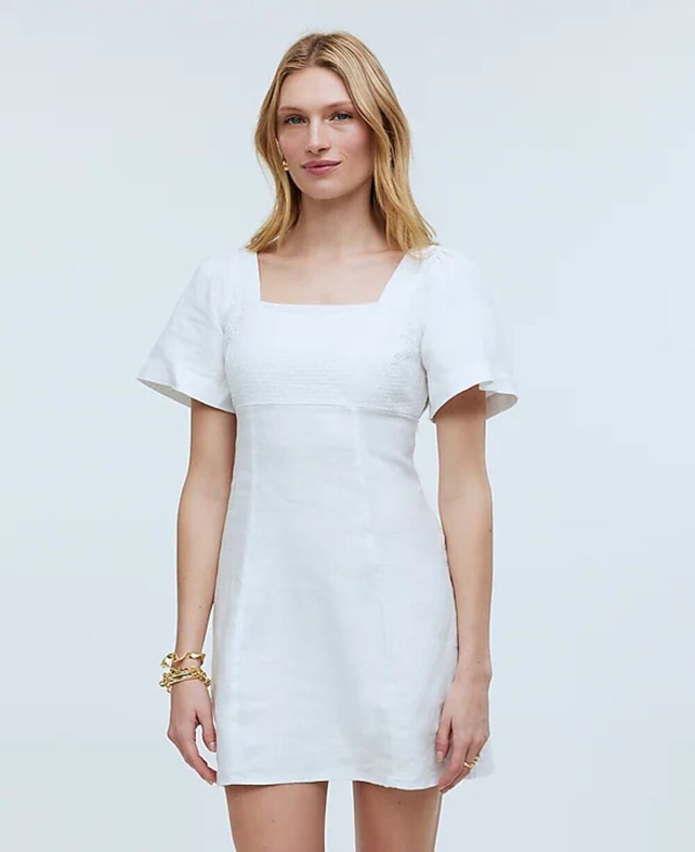 Madewell Square-Neck Mini Dress Minimalist 100% Linen Eyelet white 6 NWT